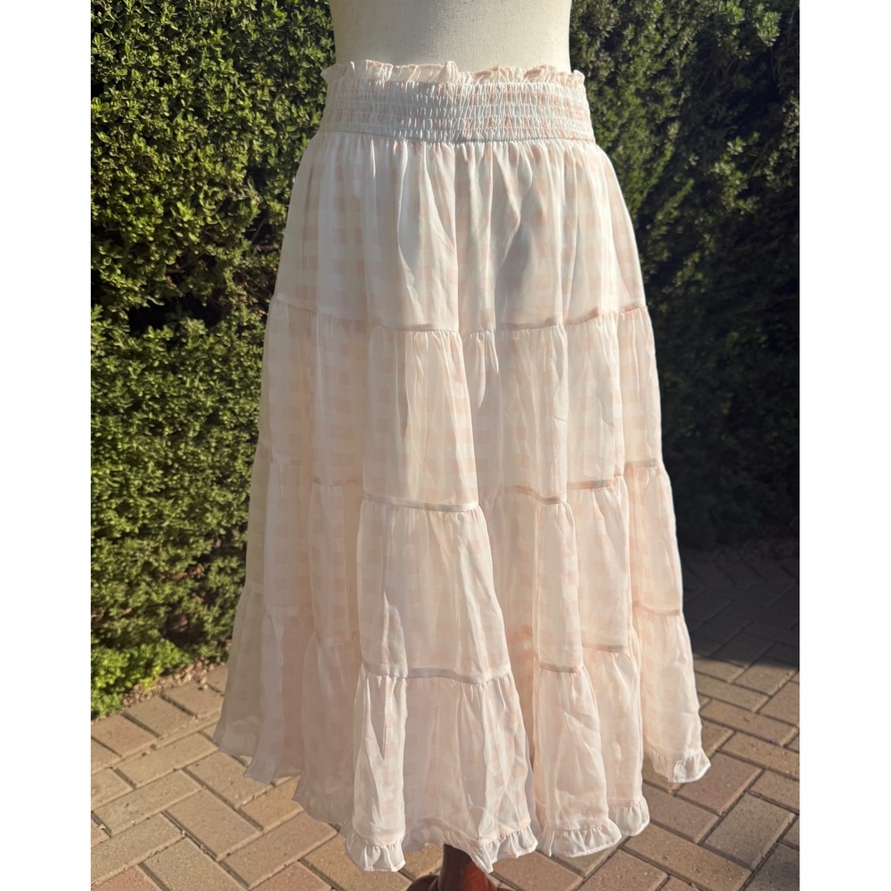 Rachel Parcell Pink Gingham Tiered Midi Skirt Smocked Waist Ruffle Hem Womens M